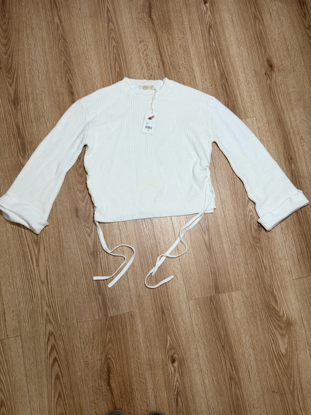 Chelsea & Violet Ivory Cropped Waffle Pullover with Side Ties